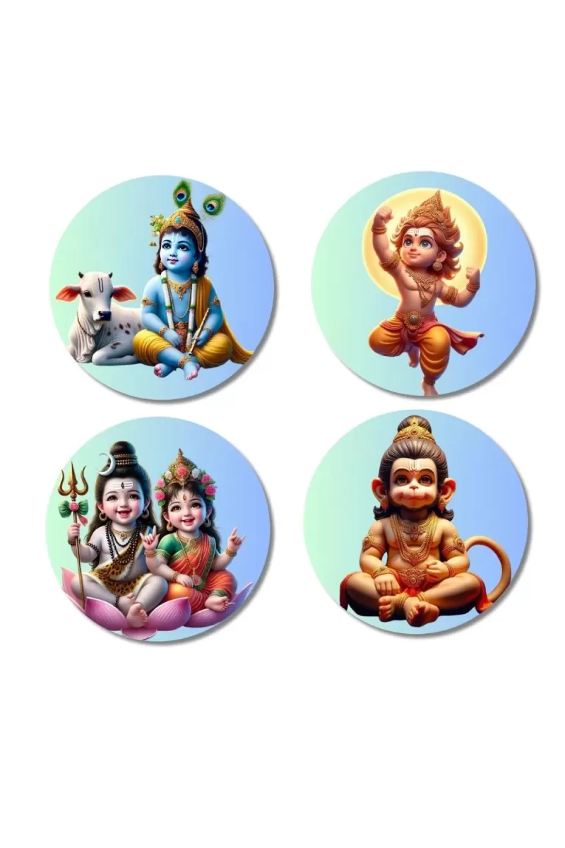 Krishna, Rama, Shiva, Parvati, And Hanuman. Fridge Magnets Ã¢â‚¬â€œ 4 Piece Set | 3 Inch Round Wall Fridge Decor (F22823)