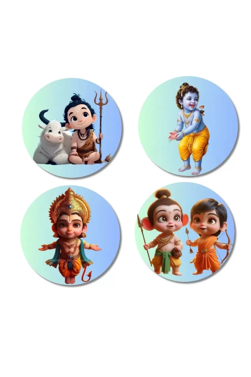 Shiva, Krishna, Hanuman, Rama, And Lakshmana. Fridge Magnets Ã¢â‚¬â€œ 4 Piece Set | 3 Inch Round Wall Fridge Decor (F22824)