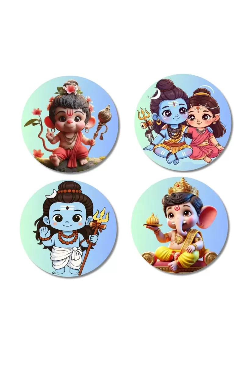Hanuman, Rama, Sita, Shiva, And Ganesha. Fridge Magnets Ã¢â‚¬â€œ 4 Piece Set | 3 Inch Round Wall Fridge Decor (F22827)