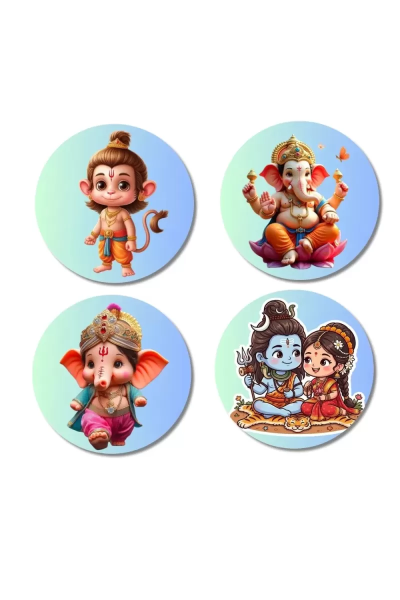 Hanuman, Ganesha, Shiva, And Parvati. Fridge Magnets Ã¢â‚¬â€œ 4 Piece Set | 3 Inch Round Wall Fridge Decor (F22828)
