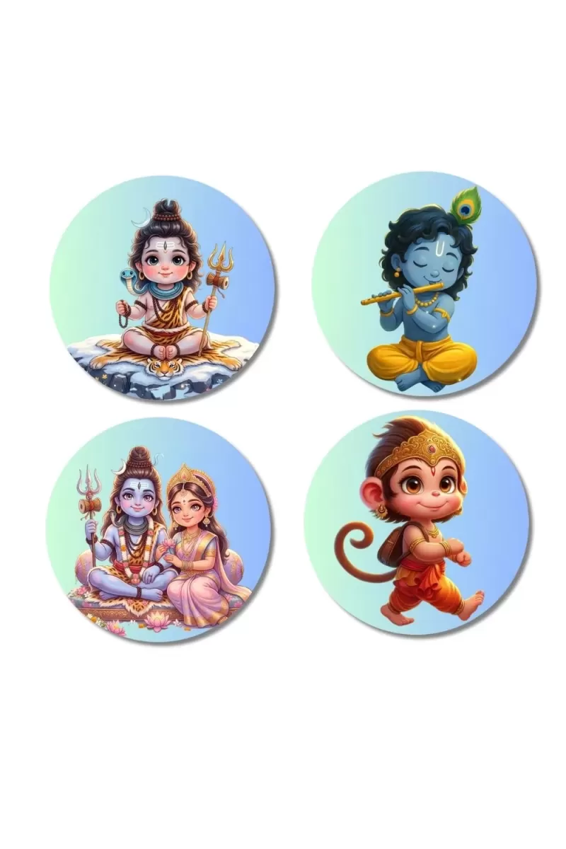 Hanuman, Ganesha, Shiva, And Parvati. Fridge Magnets Ã¢â‚¬â€œ 4 Piece Set | 3 Inch Round Wall Fridge Decor (F22829)