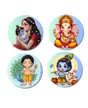 Krishna, Yashoda, Ganesha, And Kartikeya. Fridge Magnets Ã¢â‚¬â€œ 4 Piece Set | 3 Inch Round Wall Fridge Decor (F22831)