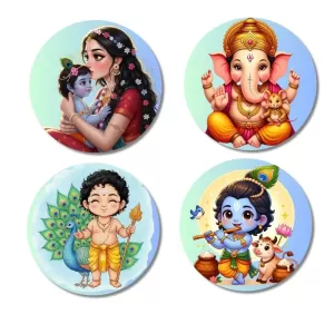 Krishna, Yashoda, Ganesha, And Kartikeya. Fridge Magnets Ã¢â‚¬â€œ 4 Piece Set | 3 Inch Round Wall Fridge Decor (F22831)