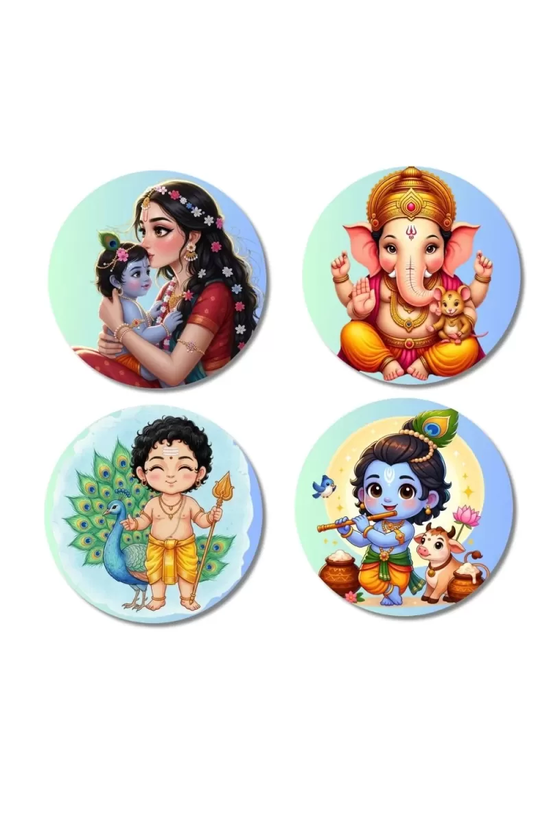 Krishna, Yashoda, Ganesha, And Kartikeya. Fridge Magnets Ã¢â‚¬â€œ 4 Piece Set | 3 Inch Round Wall Fridge Decor (F22831)