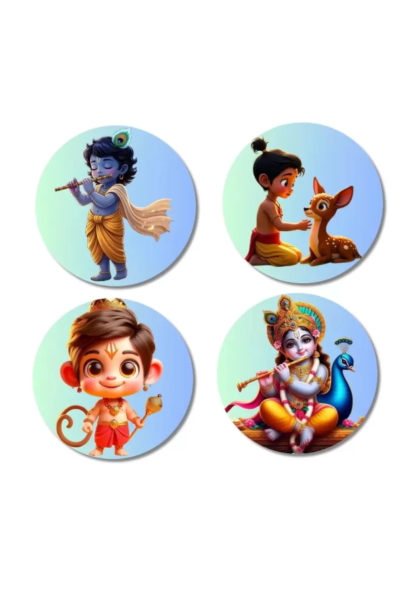 Krishna, Rama, And Hanuman. Fridge Magnets Ã¢â‚¬â€œ 4 Piece Set | 3 Inch Round Wall Fridge Decor (F22832)