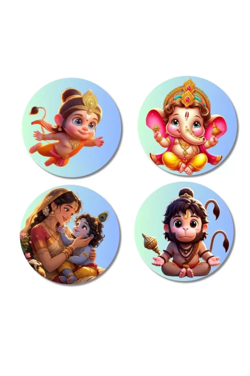 Rama, Ganesha, Yashoda, Krishna, And Hanuman Fridge Magnets Ã¢â‚¬â€œ 4 Piece Set | 3 Inch Round Wall Fridge Decor (F22833)