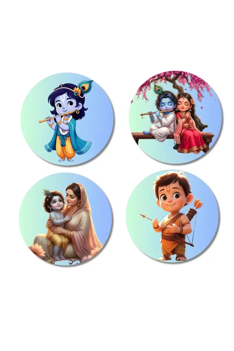 Rama, Ganesha, Yashoda, Krishna, And Hanuman. Fridge Magnets Ã¢â‚¬â€œ 4 Piece Set | 3 Inch Round Wall Fridge Decor (F22834)