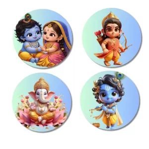 Krishna, Radha, Rama, And Ganesha. Fridge Magnets Ã¢â‚¬â€œ 4 Piece Set | 3 Inch Round Wall Fridge Decor (F22835)