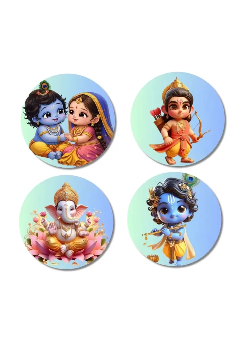 Krishna, Radha, Rama, And Ganesha. Fridge Magnets Ã¢â‚¬â€œ 4 Piece Set | 3 Inch Round Wall Fridge Decor (F22835)