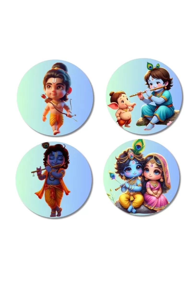 Krishna, Radha, Rama, And Ganesha. Fridge Magnets Ã¢â‚¬â€œ 4 Piece Set | 3 Inch Round Wall Fridge Decor (F22836)