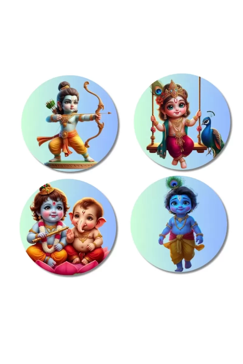 Krishna, Radha, Rama, And Ganesha. Fridge Magnets Ã¢â‚¬â€œ 4 Piece Set | 3 Inch Round Wall Fridge Decor (F22837)