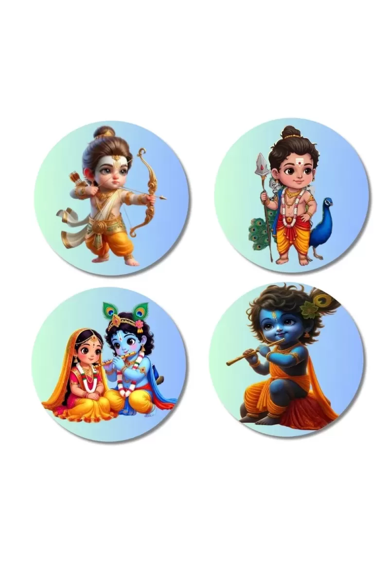 Rama, Kartikeya, Radha, And Krishna. Fridge Magnets Ã¢â‚¬â€œ 4 Piece Set | 3 Inch Round Wall Fridge Decor (F22839)