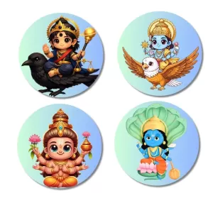 Shani, Vishnu, Lakshmi, And Krishna. Fridge Magnets – 4 Piece Set | 3 Inch Round Wall Fridge Decor (F22842) Shani, Vishnu, Lakshmi, And Krishna. Fridge Magnets – 4 Piece Set | 3 Inch Round Wall Fridge Decor (F22842)