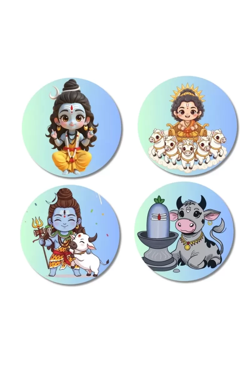 Shiva, Surya, And Nandi. Fridge Magnets Ã¢â‚¬â€œ 4 Piece Set | 3 Inch Round Wall Fridge Decor (F22843)