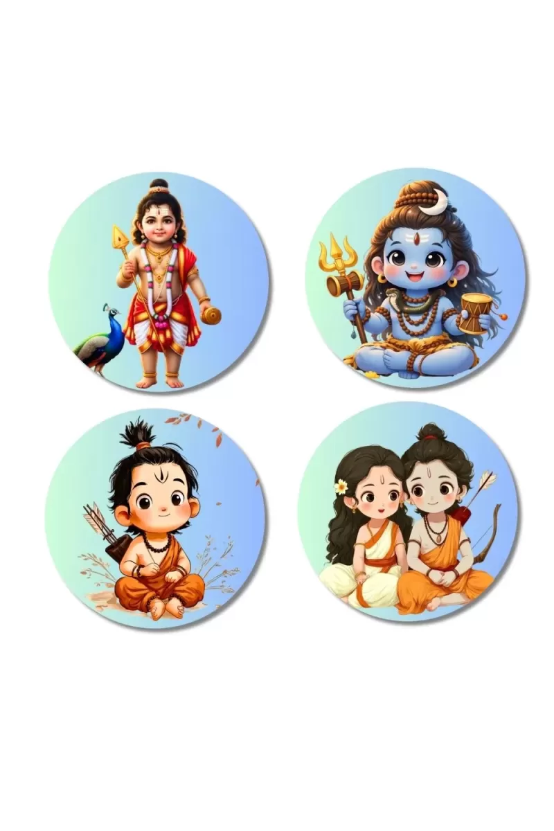 Kartikeya, Shiva, Rama, And Sita. Fridge Magnets Ã¢â‚¬â€œ 4 Piece Set | 3 Inch Round Wall Fridge Decor (F22845)
