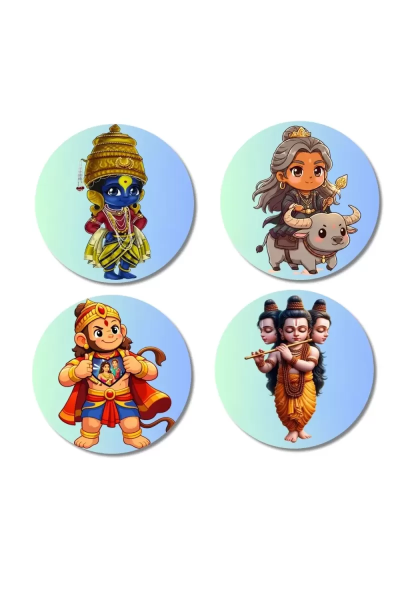 Vitthal, Yama, Hanuman, And Dattatreya. Fridge Magnets Ã¢â‚¬â€œ 4 Piece Set | 3 Inch Round Wall Fridge Decor (F22847)
