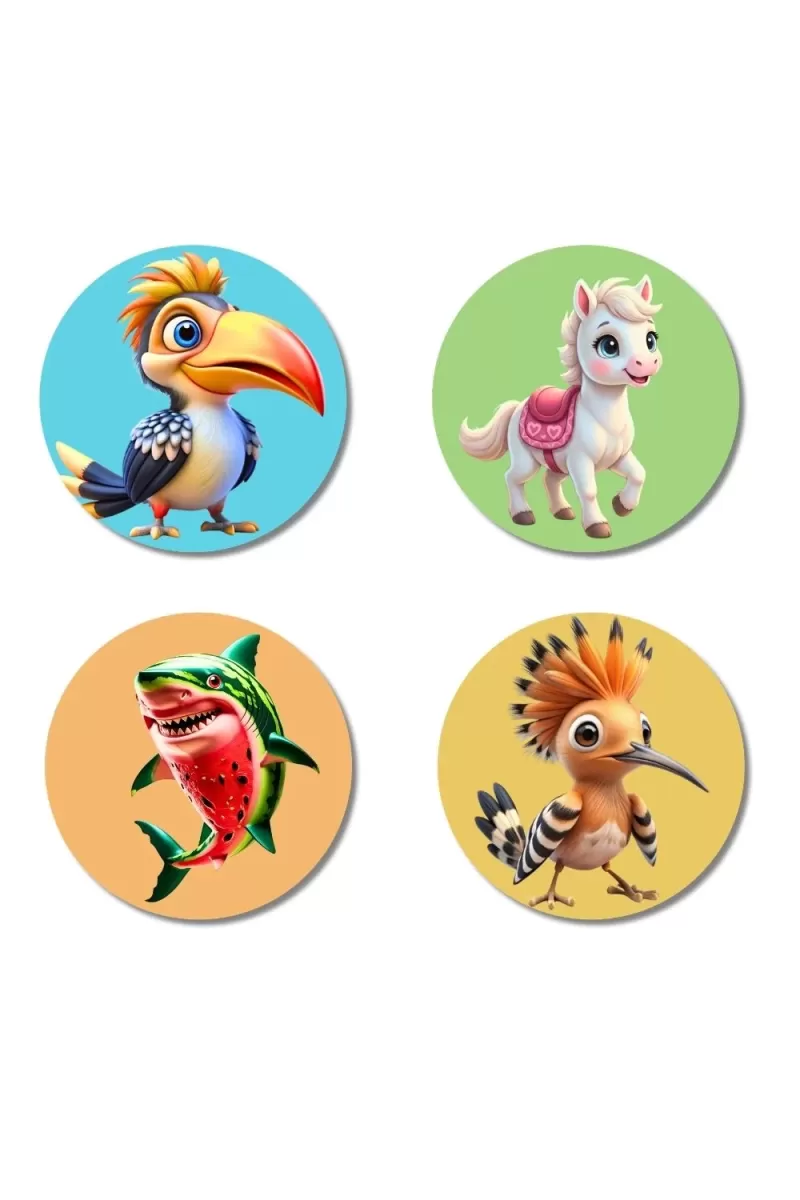 Hornbill, Horse, Shark, And Hoopoe. Fridge Magnets Ã¢â‚¬â€œ 4 Piece Set | 3 Inch Round Wall Fridge Decor (F22851)