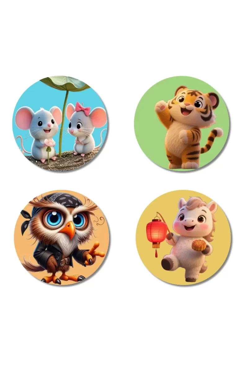 Mice, Tiger, Owl, And Piglet. Fridge Magnets Ã¢â‚¬â€œ 4 Piece Set | 3 Inch Round Wall Fridge Decor (F22864)