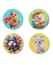 Cat, Cow, Turkey, And Goat. Fridge Magnets Ã¢â‚¬â€œ 4 Piece Set | 3 Inch Round Wall Fridge Decor (F22865)
