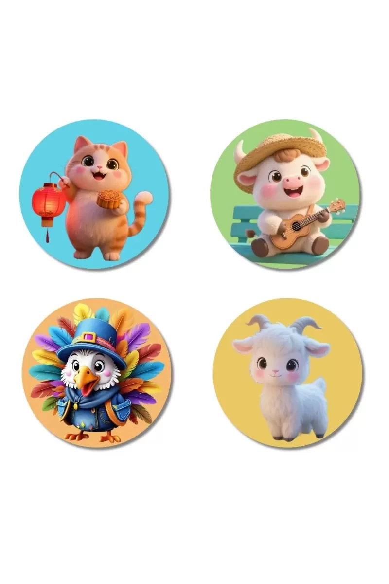 Cat, Cow, Turkey, And Goat. Fridge Magnets Ã¢â‚¬â€œ 4 Piece Set | 3 Inch Round Wall Fridge Decor (F22865)