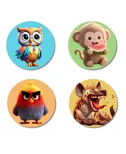 Owl, Monkey, Angry Bird, And Hyena. Fridge Magnets Ã¢â‚¬â€œ 4 Piece Set | 3 Inch Round Wall Fridge Decor (F22868)