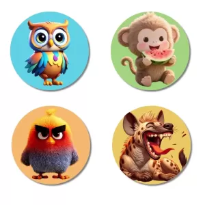 Owl, Monkey, Angry Bird, And Hyena. Fridge Magnets – 4 Piece Set | 3 Inch Round Wall Fridge Decor (F22868) Owl, Monkey, Angry Bird, And Hyena. Fridge Magnets – 4 Piece Set | 3 Inch Round Wall Fridge Decor (F22868)