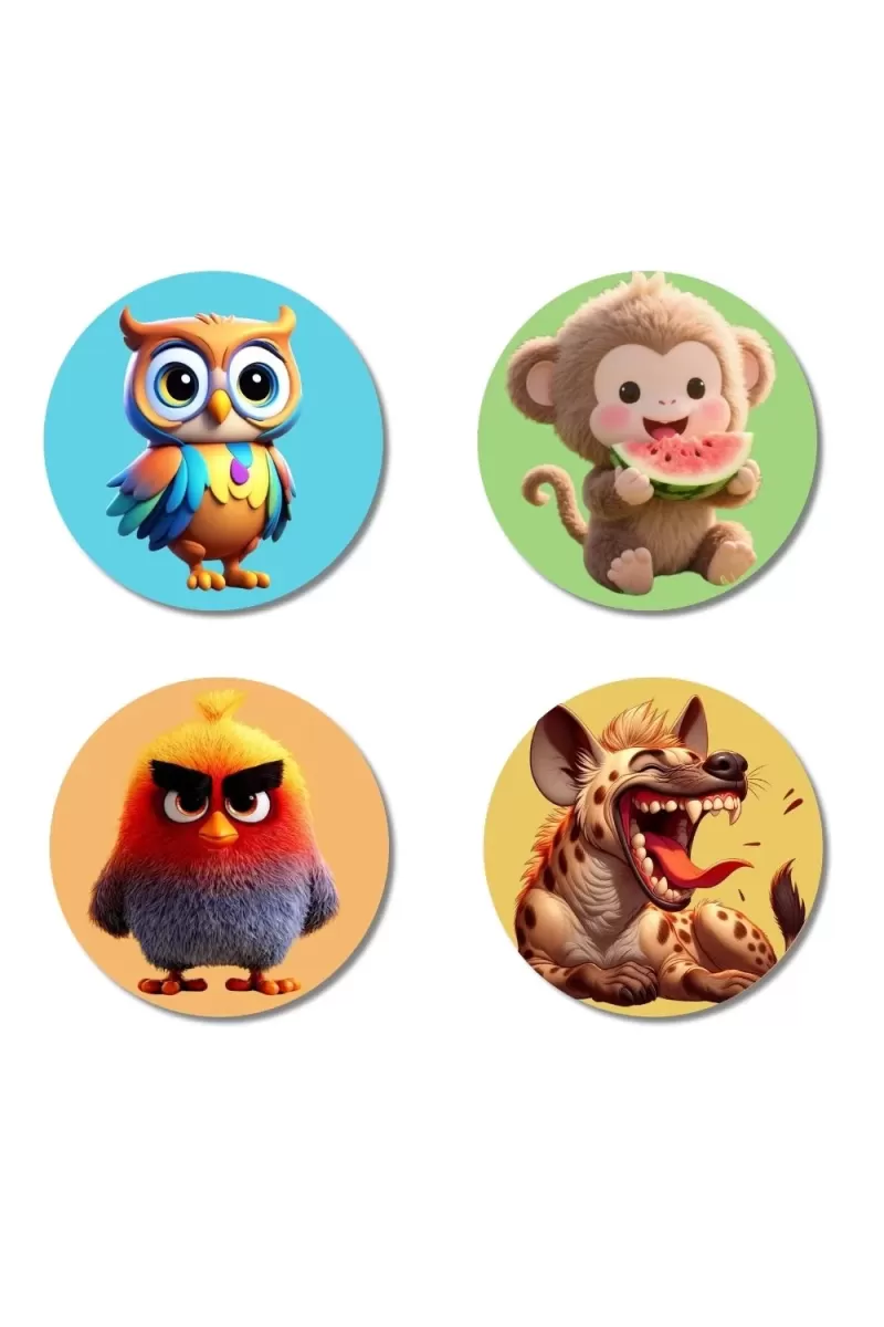 Owl, Monkey, Angry Bird, And Hyena. Fridge Magnets Ã¢â‚¬â€œ 4 Piece Set | 3 Inch Round Wall Fridge Decor (F22868)