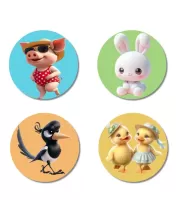 Pig, Rabbit, Magpie, And Ducklings. Fridge Magnets Ã¢â‚¬â€œ 4 Piece Set | 3 Inch Round Wall Fridge Decor (F22852)