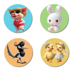 Pig, Rabbit, Magpie, And Ducklings. Fridge Magnets – 4 Piece Set | 3 Inch Round Wall Fridge Decor (F22852) Pig, Rabbit, Magpie, And Ducklings. Fridge Magnets – 4 Piece Set | 3 Inch Round Wall Fridge Decor (F22852)