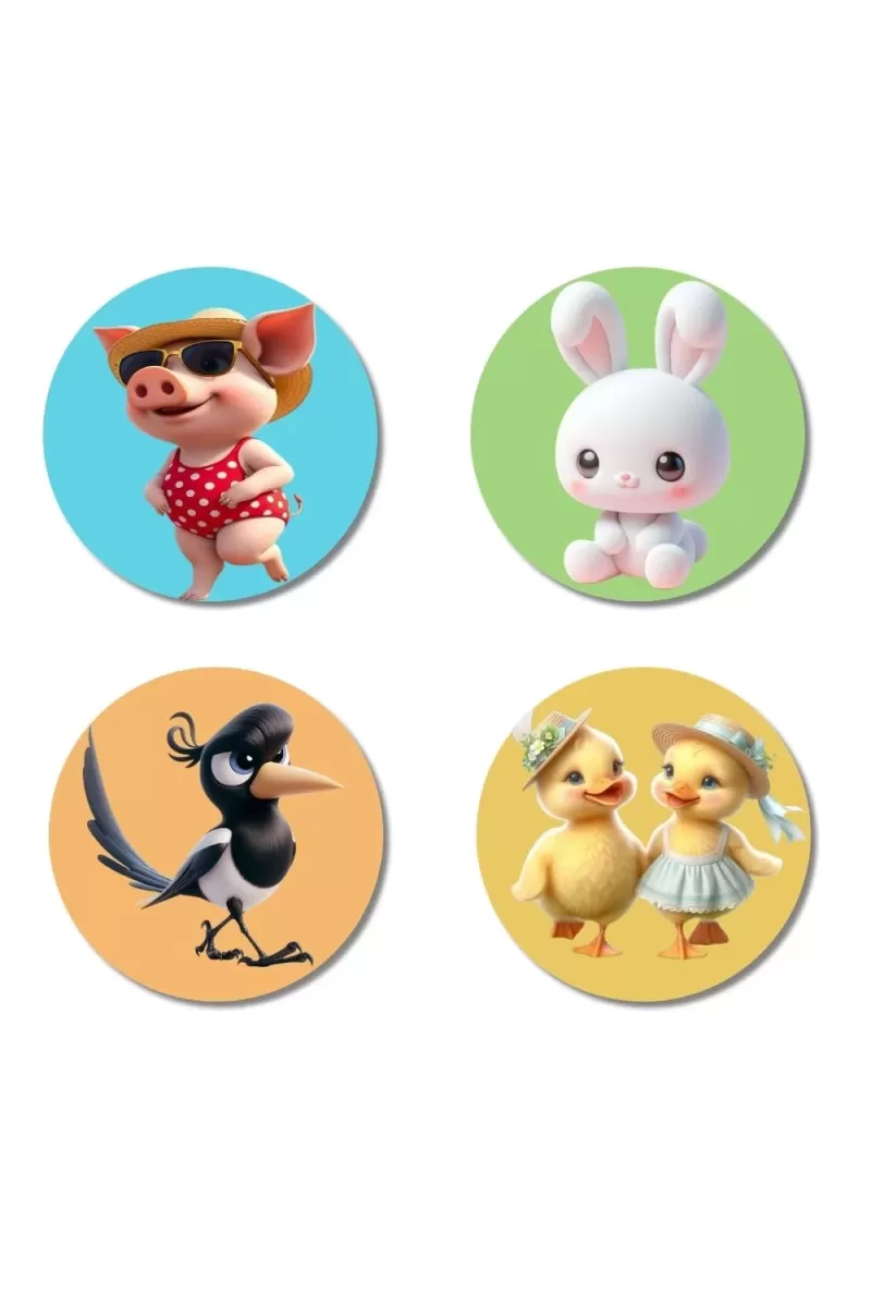 Pig, Rabbit, Magpie, And Ducklings. Fridge Magnets Ã¢â‚¬â€œ 4 Piece Set | 3 Inch Round Wall Fridge Decor (F22852)