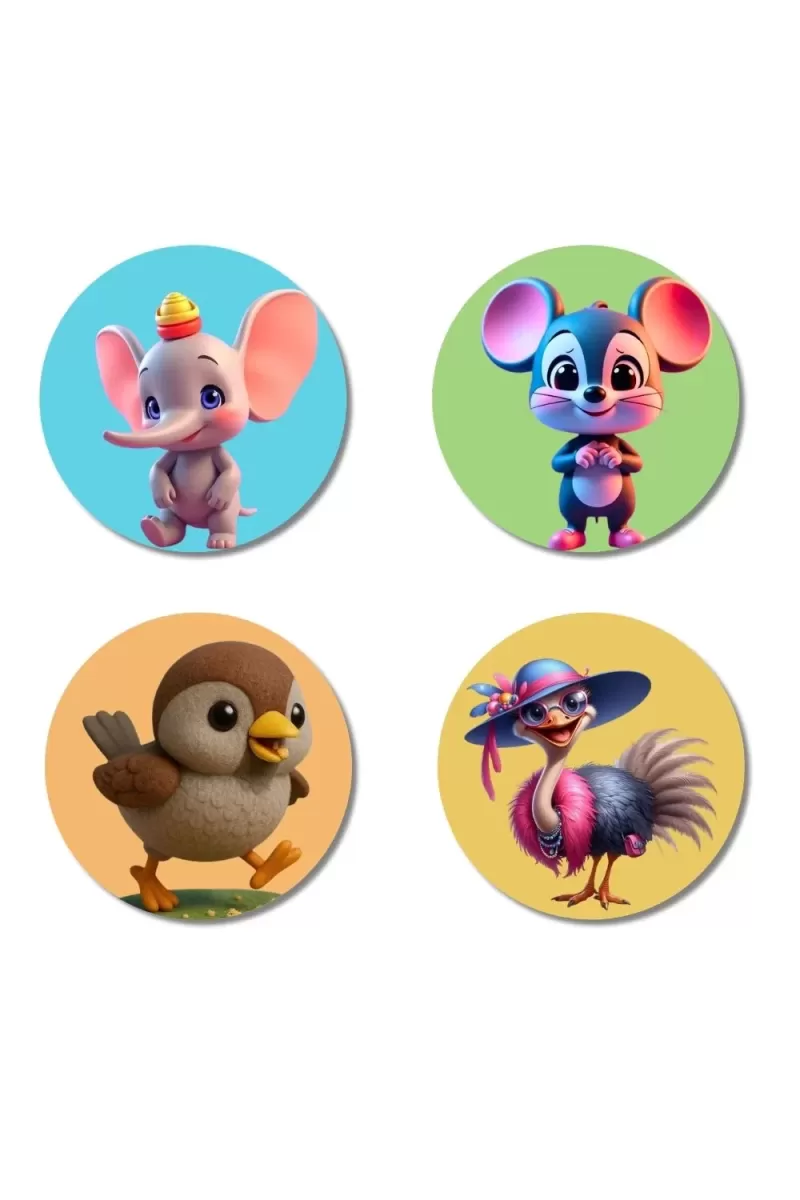 Elephant, Mouse, Sparrow, And Ostrich. Fridge Magnets Ã¢â‚¬â€œ 4 Piece Set | 3 Inch Round Wall Fridge Decor (F22853)