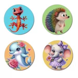 Lizard, Hedgehog, Dolphin, And Elephant. Fridge Magnets Ã¢â‚¬â€œ 4 Piece Set | 3 Inch Round Wall Fridge Decor (F22857)