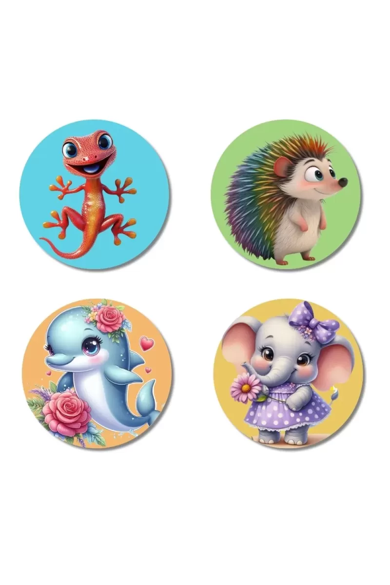 Lizard, Hedgehog, Dolphin, And Elephant. Fridge Magnets Ã¢â‚¬â€œ 4 Piece Set | 3 Inch Round Wall Fridge Decor (F22857)