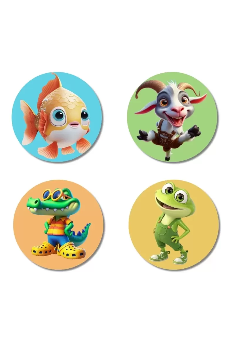 Goldfish, Goat, Crocodile, And Frog. Fridge Magnets Ã¢â‚¬â€œ 4 Piece Set | 3 Inch Round Wall Fridge Decor (F22858)