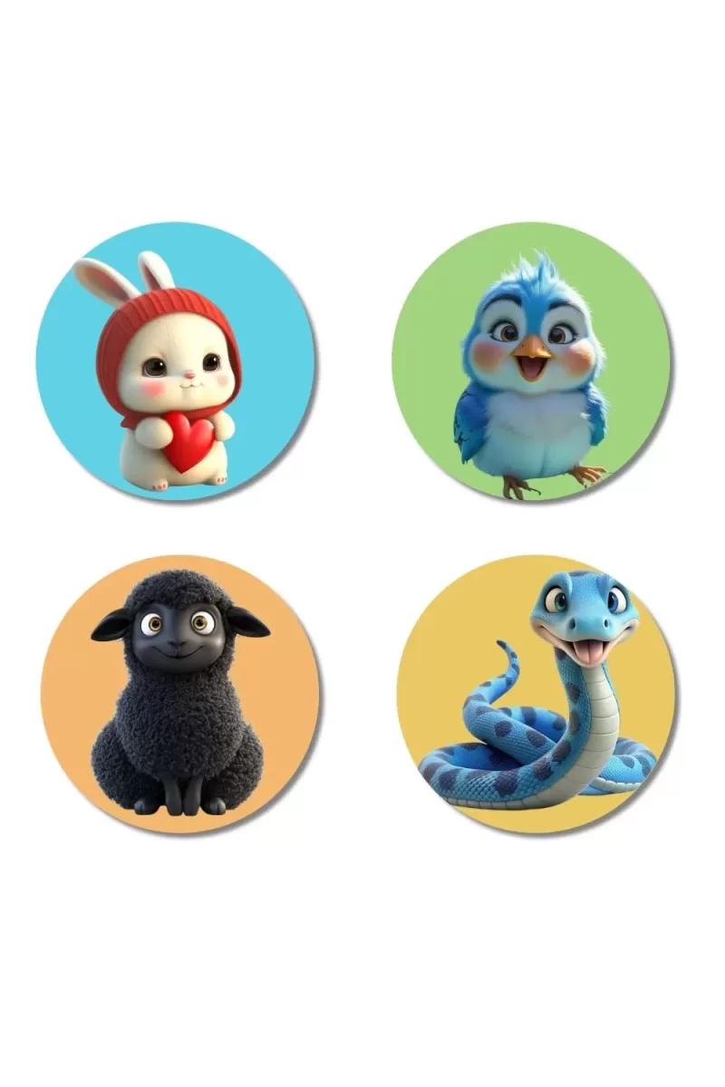 Rabbit, Bluebird, Sheep, And Snake. Fridge Magnets Ã¢â‚¬â€œ 4 Piece Set | 3 Inch Round Wall Fridge Decor (F22871)