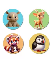 Rhino, Deer, Red Panda, And Puffin. Fridge Magnets Ã¢â‚¬â€œ 4 Piece Set | 3 Inch Round Wall Fridge Decor (F22873)