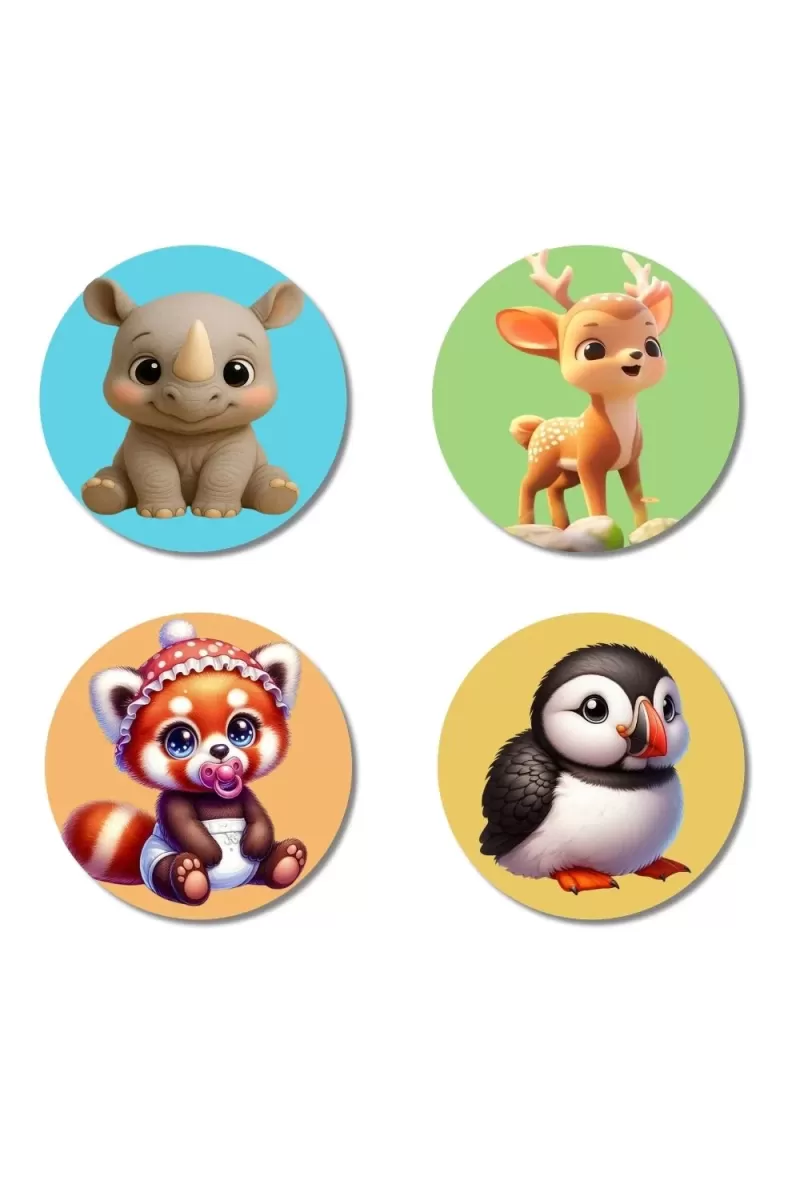 Rhino, Deer, Red Panda, And Puffin. Fridge Magnets Ã¢â‚¬â€œ 4 Piece Set | 3 Inch Round Wall Fridge Decor (F22873)