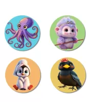 Octopus, Monkey, Penguin, And Bird. Fridge Magnets Ã¢â‚¬â€œ 4 Piece Set | 3 Inch Round Wall Fridge Decor (F22874)