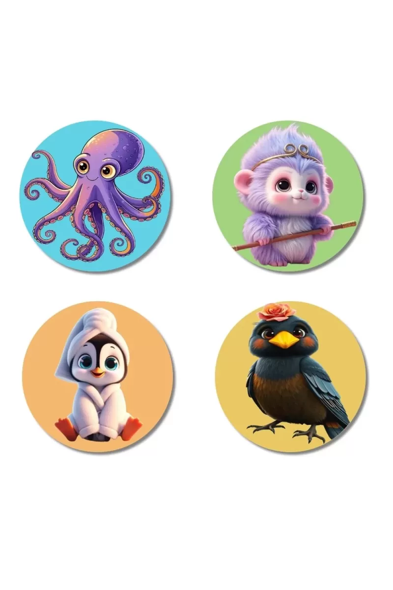 Octopus, Monkey, Penguin, And Bird. Fridge Magnets Ã¢â‚¬â€œ 4 Piece Set | 3 Inch Round Wall Fridge Decor (F22874)
