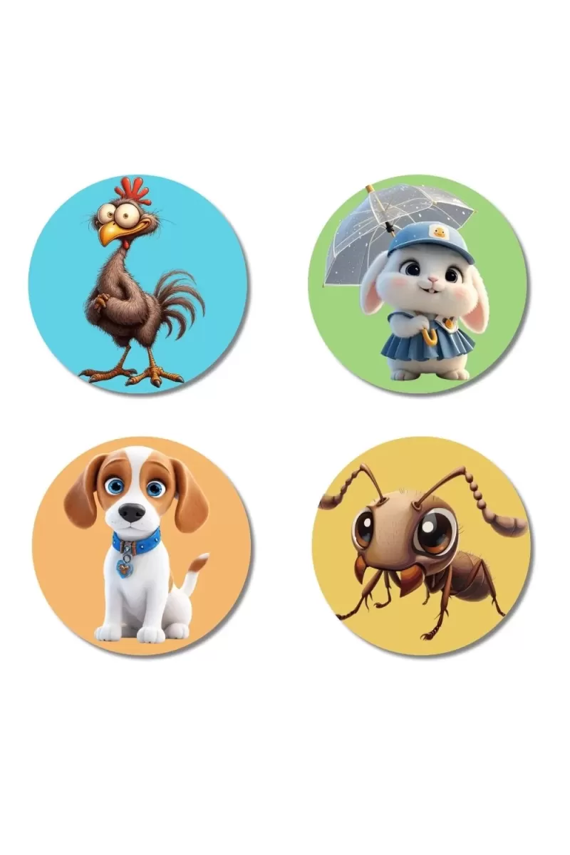Rooster, Rabbit, Dog, And Ant. Fridge Magnets Ã¢â‚¬â€œ 4 Piece Set | 3 Inch Round Wall Fridge Decor (F22875)