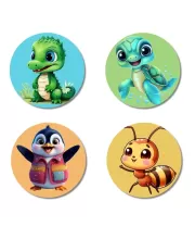 Crocodile, Turtle, Penguin, And Bee. Fridge Magnets Ã¢â‚¬â€œ 4 Piece Set | 3 Inch Round Wall Fridge Decor (F22876)