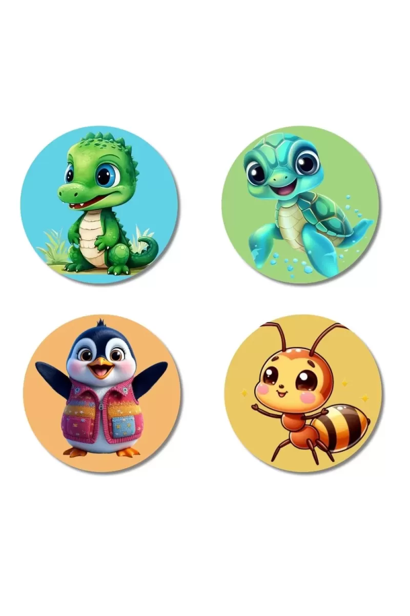 Crocodile, Turtle, Penguin, And Bee. Fridge Magnets Ã¢â‚¬â€œ 4 Piece Set | 3 Inch Round Wall Fridge Decor (F22876)