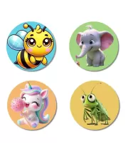 Bee, Elephant, Unicorn, And Grasshopper. Fridge Magnets  4 Piece Set | 3 Inch Round Wall Fridge Decor (F22877)