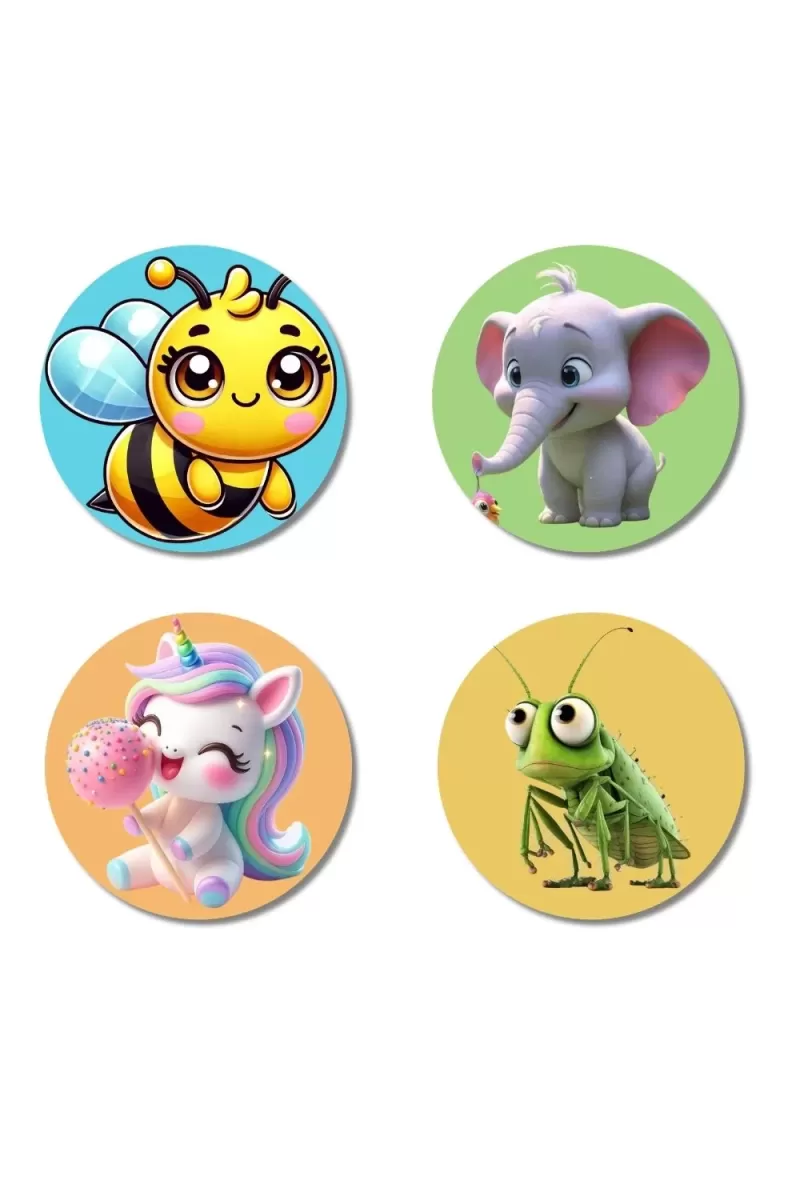 Bee, Elephant, Unicorn, And Grasshopper. Fridge Magnets Ã¢â‚¬â€œ 4 Piece Set | 3 Inch Round Wall Fridge Decor (F22877)