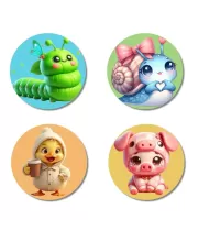 Caterpillar, Snail, Chick, And Pig. Fridge Magnets Ã¢â‚¬â€œ 4 Piece Set | 3 Inch Round Wall Fridge Decor (F22878)