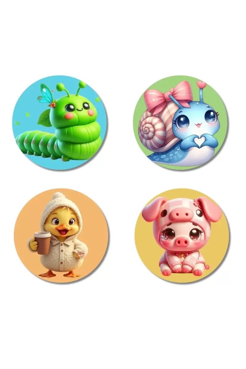 Caterpillar, Snail, Chick, And Pig. Fridge Magnets Ã¢â‚¬â€œ 4 Piece Set | 3 Inch Round Wall Fridge Decor (F22878)
