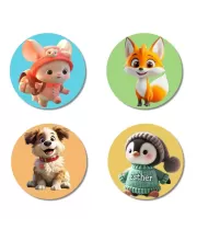Mice, Fox, Dog, And Penguin. Fridge Magnets Ã¢â‚¬â€œ 4 Piece Set | 3 Inch Round Wall Fridge Decor (F22879)