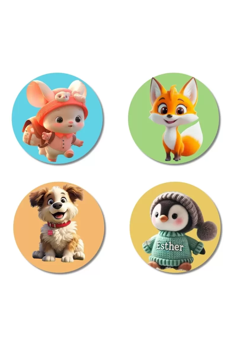 Mice, Fox, Dog, And Penguin. Fridge Magnets Ã¢â‚¬â€œ 4 Piece Set | 3 Inch Round Wall Fridge Decor (F22879)