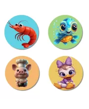 Shrimp, Turtle, Pig, And Duck. Fridge Magnets Ã¢â‚¬â€œ 4 Piece Set | 3 Inch Round Wall Fridge Decor (F22880)