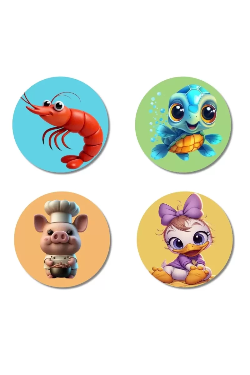 Shrimp, Turtle, Pig, And Duck. Fridge Magnets Ã¢â‚¬â€œ 4 Piece Set | 3 Inch Round Wall Fridge Decor (F22880)